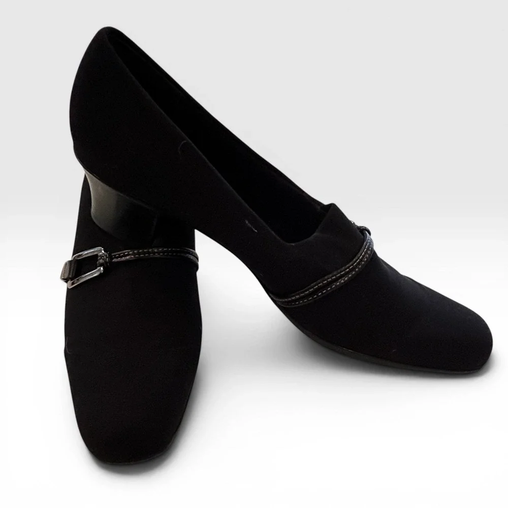 Munro Cindy Block Heel Pump Shoes Sz 9.5 Narrow Black Stretch Fabric Slip Ons